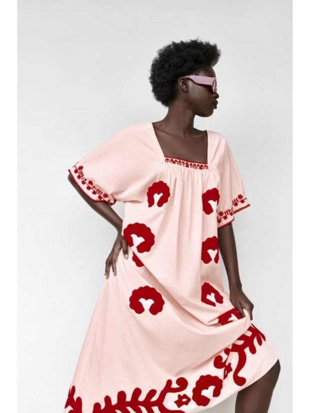 ZARA Limited Edition Embroidered Pink and Red Cotton Swing Dress Size Small - Picture 2 of 6